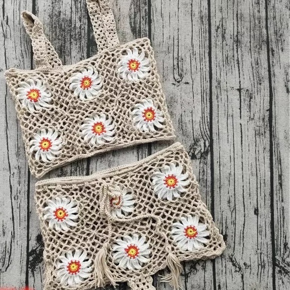 Coming Up Daisies Tan Crochet Bikini Set - Picture 3 of 4